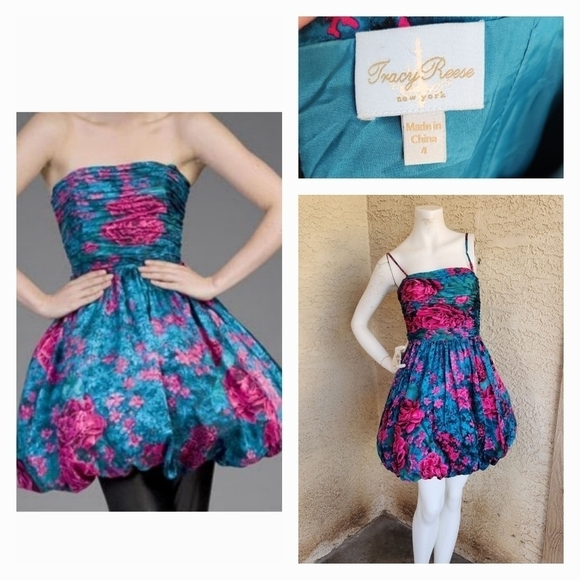 Inspire 1980s Tracy Reese Floral Silk Bubble Hem Party Dress, - Picture 1 of 8